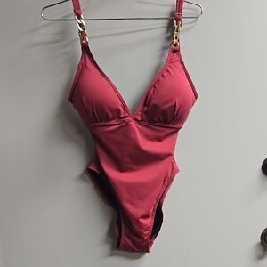 Chic Red One-Piece Swimsuit with Gold Accents